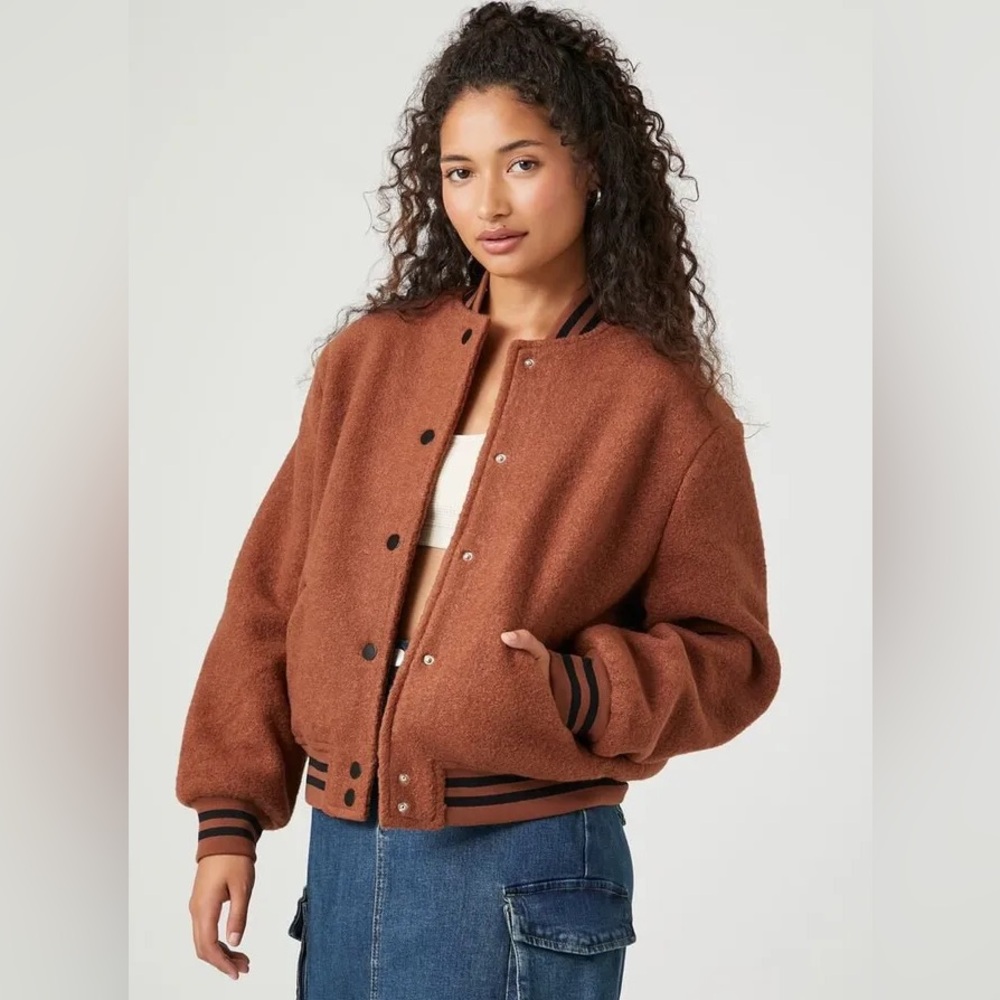 NWT Forever 21 Women's Varsity-Striped Letterman Jacket in Root Beer X-Small